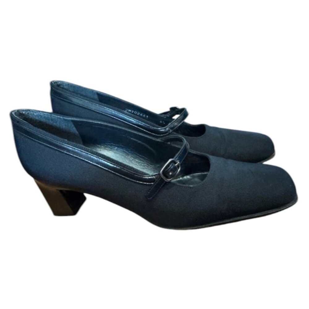 Stuart Weitzman Mary Jane black square toe pump buckle chunky heel 8.5 vintage - Picture 2 of 6